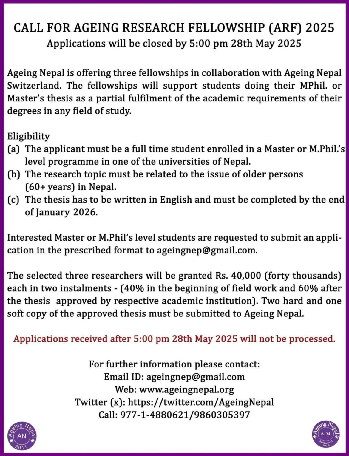 Call for Ageing Research Fellowship 2025